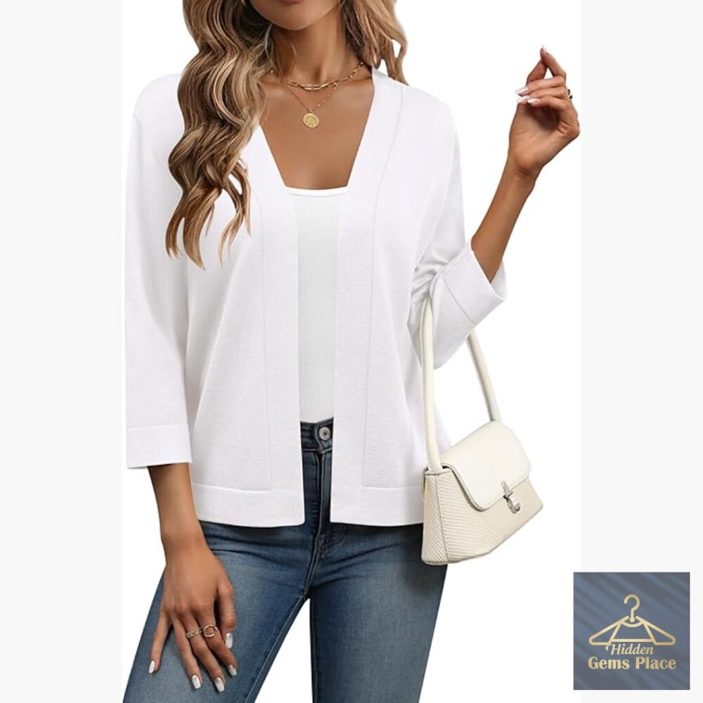 Cropped 3/4 Sleeve Open Front Cardigan Shrug Lightweight Viscose Summer